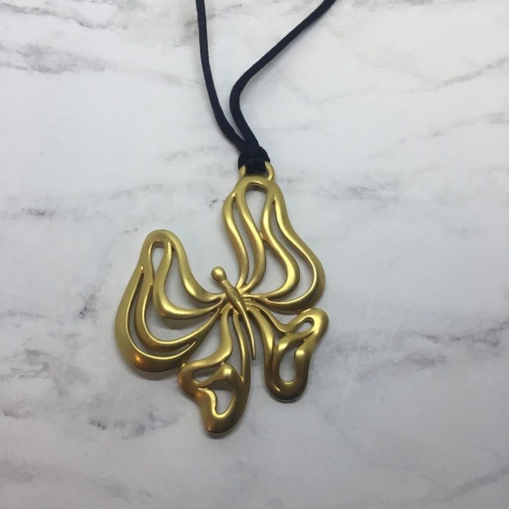 Butterfly necklace gold tone black rope